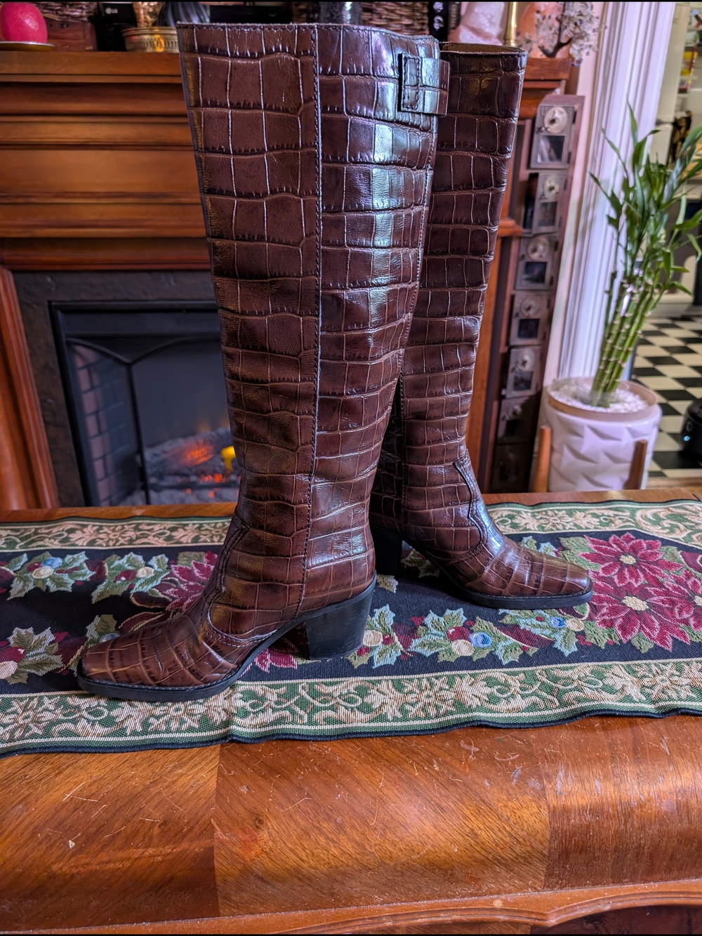 GANNI Brown Croc Embossed Leather Knee High Western Boots EU 36